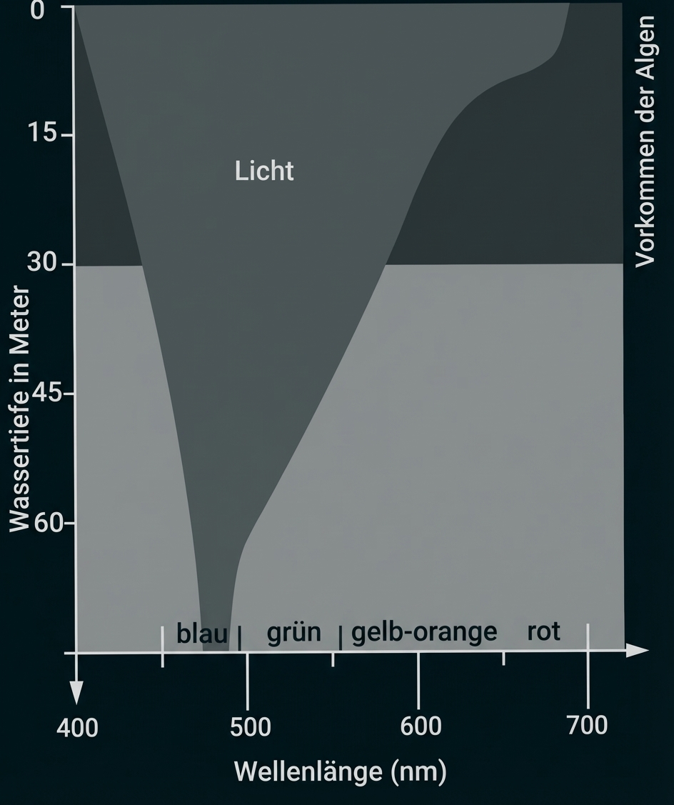 Diagramm: Lichtdurchdringung im Wasser nach Wellenlänge (400–700 nm) und Algenvorkommen, Tiefe in Metern.